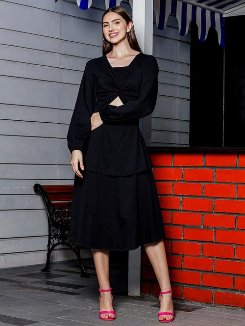 women solid cutout detailed a-line dress - 21599345 -  Standard Image - 0