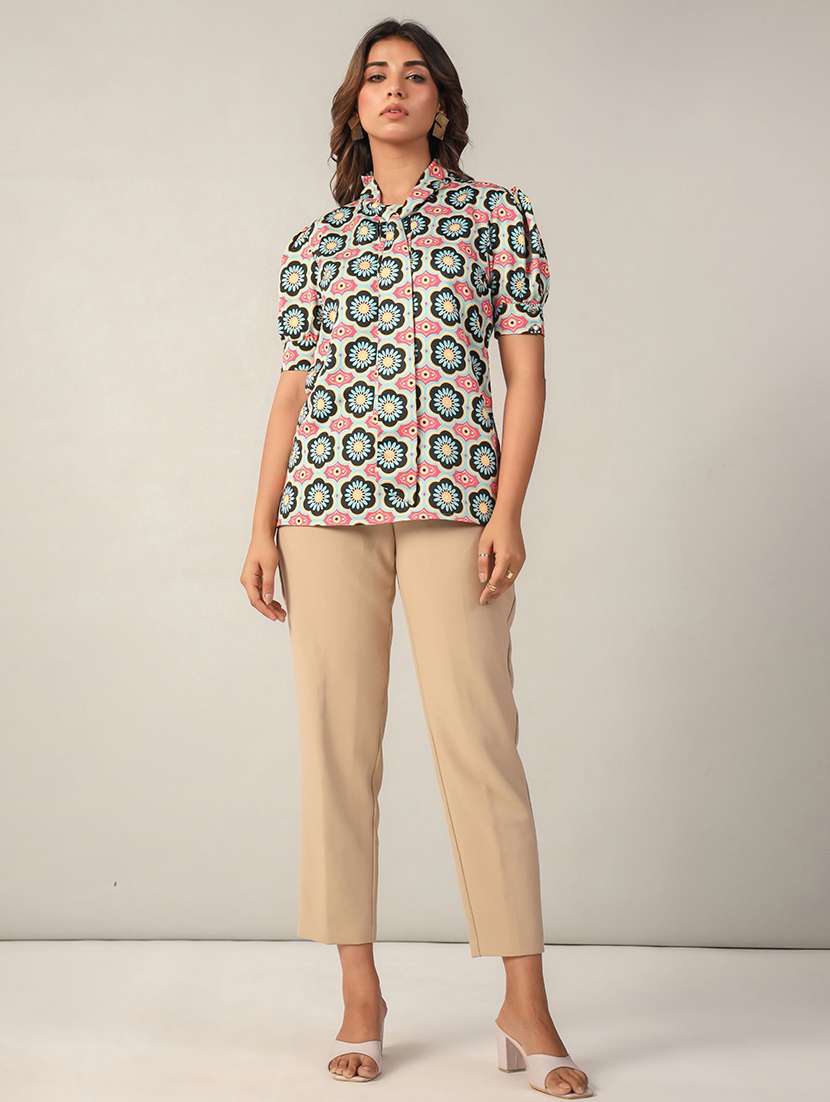 women printed tie up neck shirt - 21599386 -  Standard Image - 1