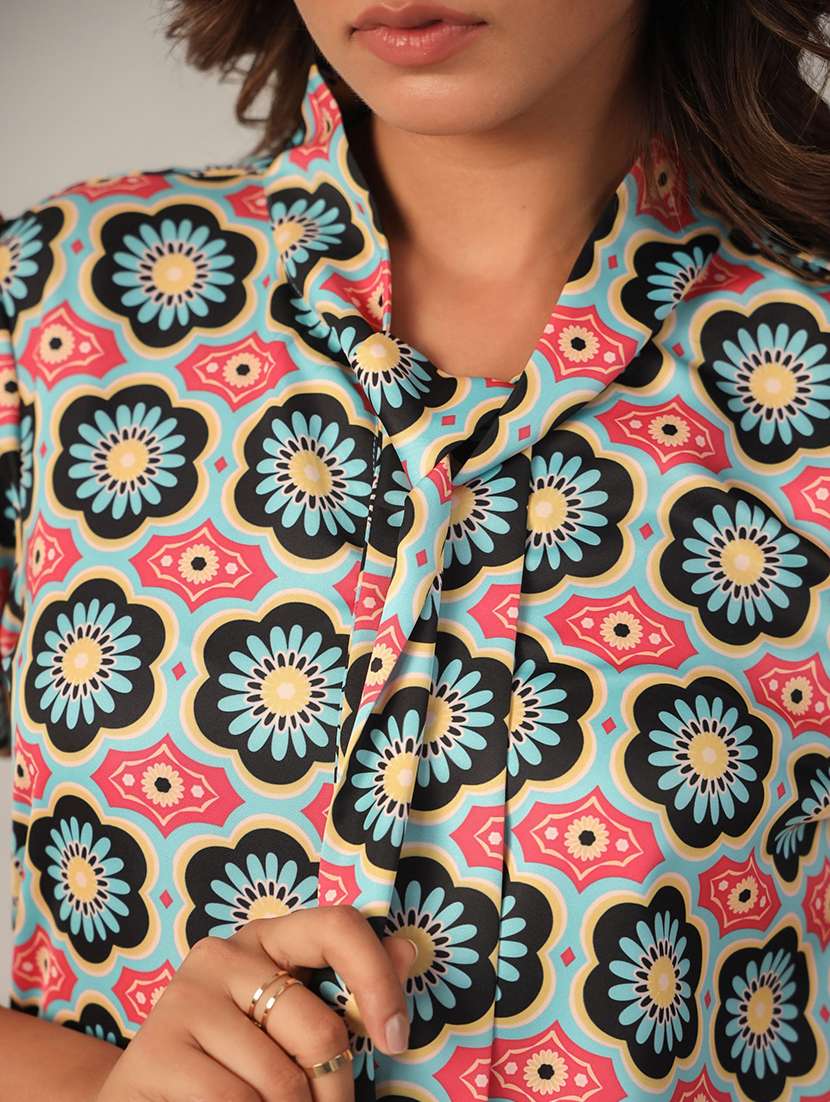 women printed tie up neck shirt - 21599386 -  Standard Image - 4