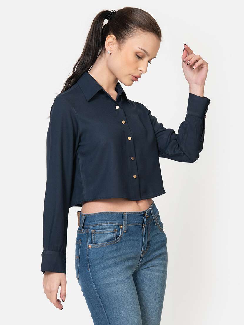 women blue solid boxy shirt - 21599387 -  Standard Image - 1
