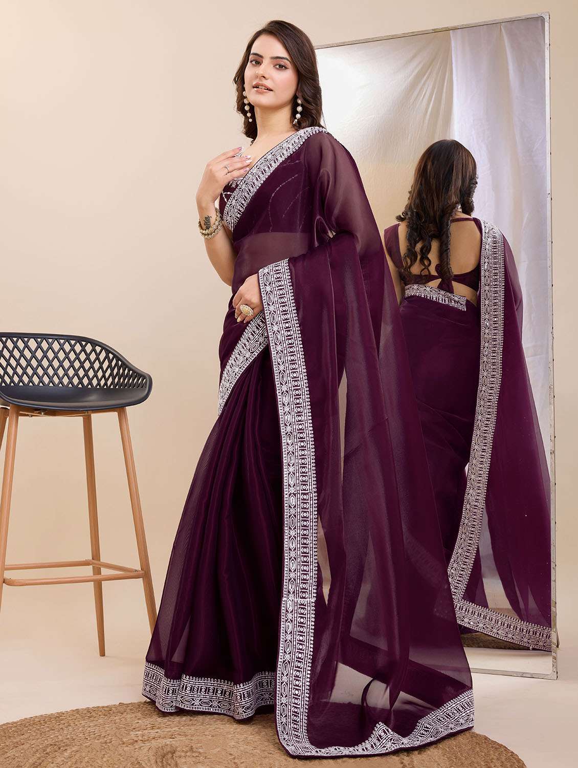 women solid with border ready to wear saree with blouse - 21599508 -  Standard Image - 1