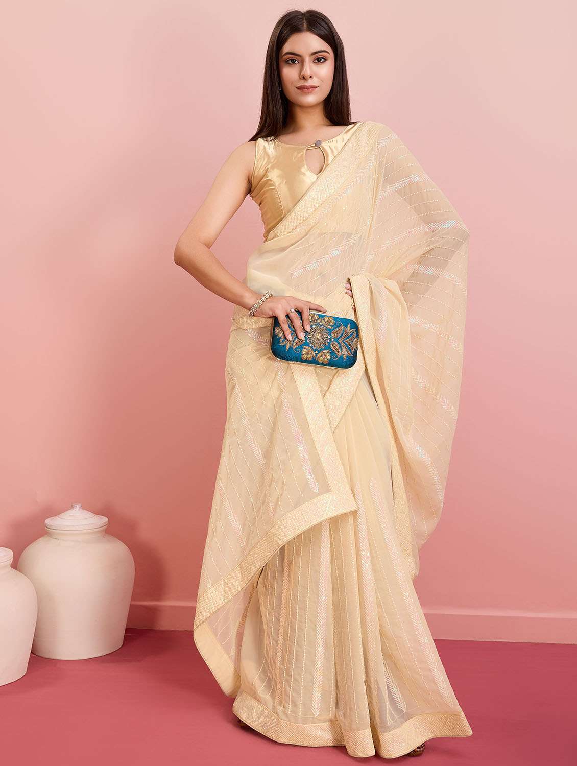 women solid with work ready to wear saree with blouse - 21599517 -  Standard Image - 1