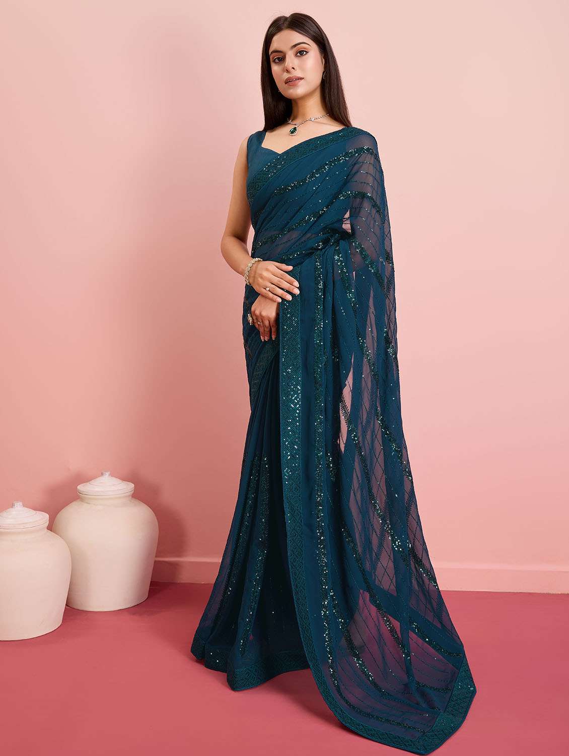 women solid with work ready to wear saree with blouse - 21599518 -  Standard Image - 1