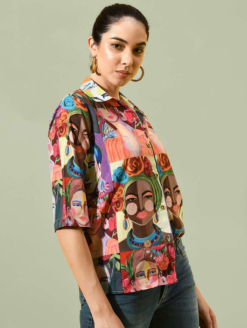 women printed collared three quarter sleeves shirt - 21599549 -  Standard Image - 1