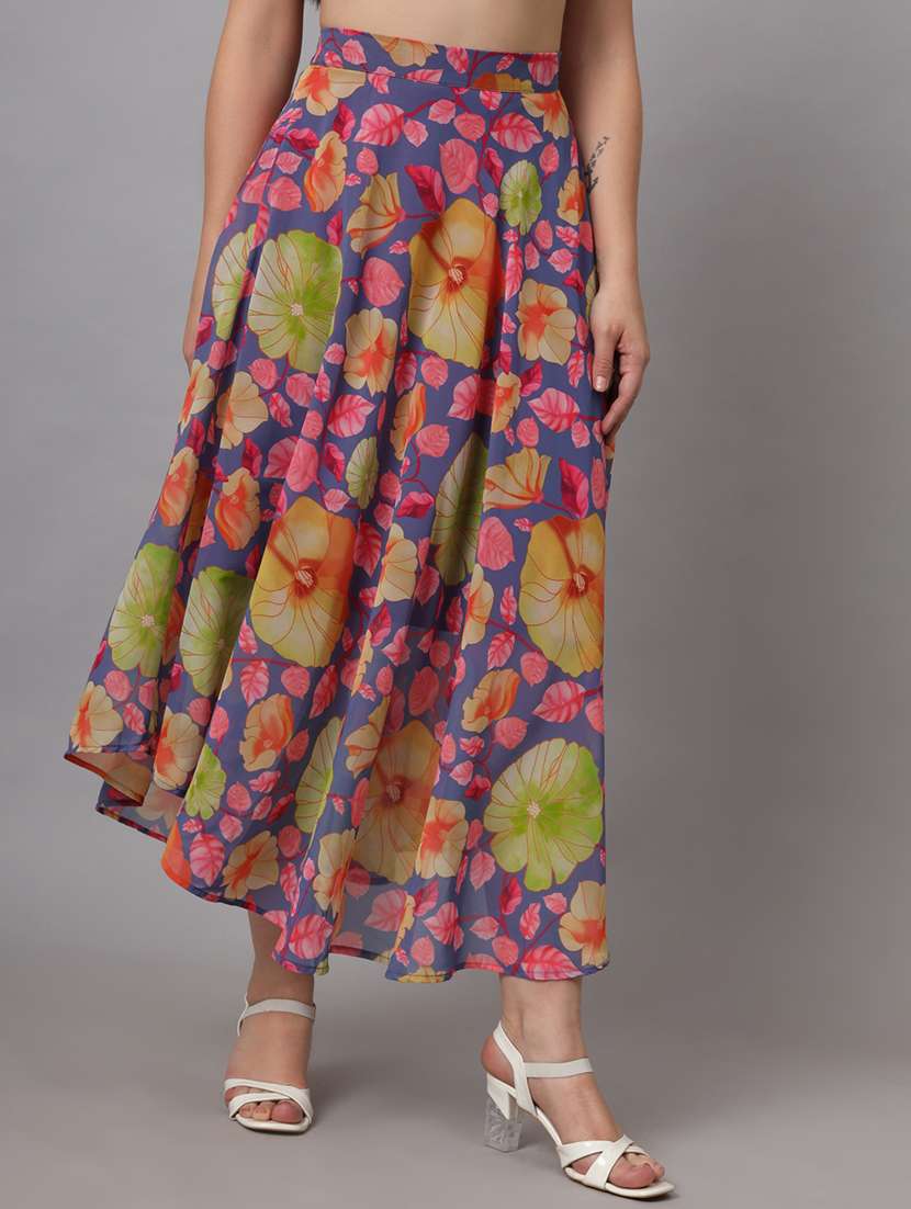 women blue floral printed flared skirt - 21599666 - Standard Image - 1