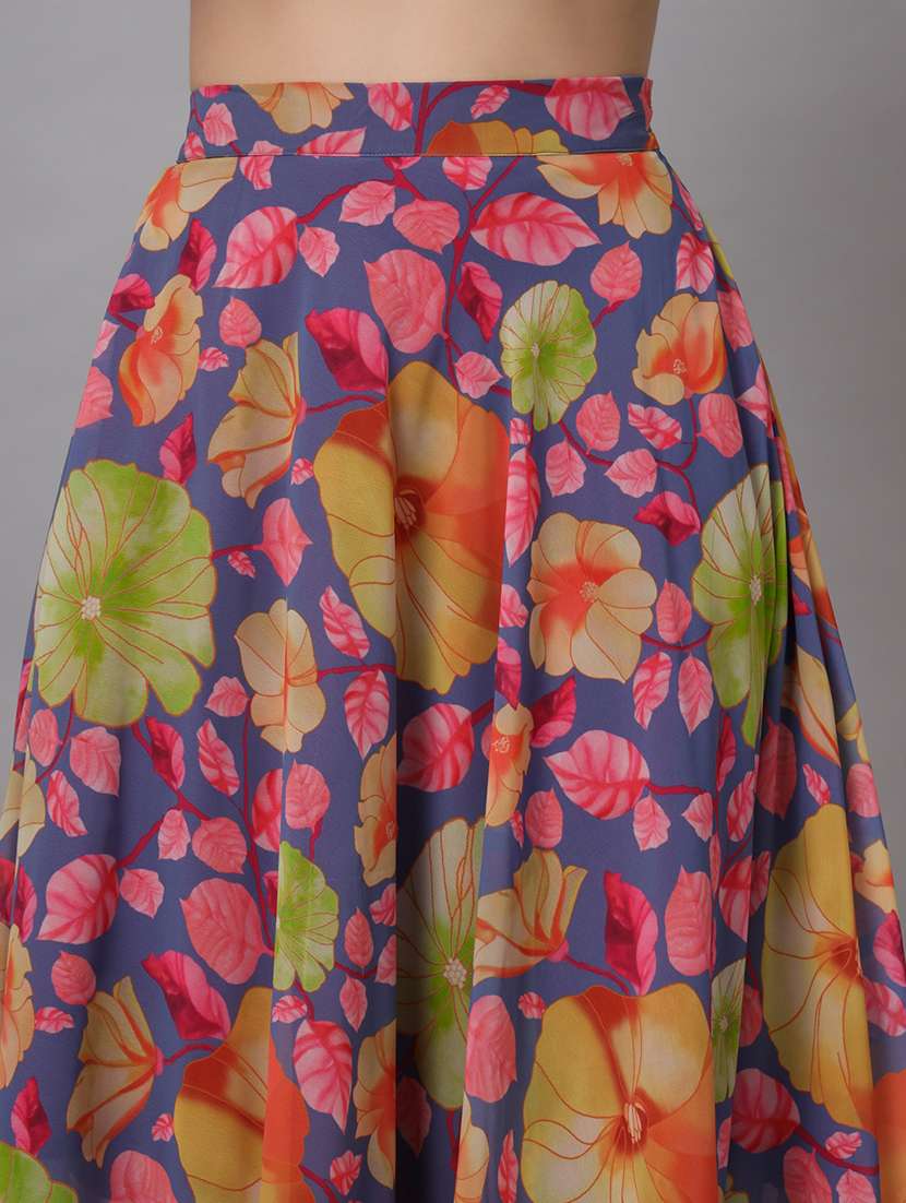women blue floral printed flared skirt - 21599666 - Standard Image - 4