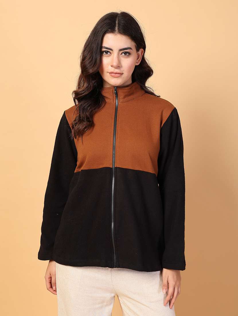 women stand collar color block sweatshirt