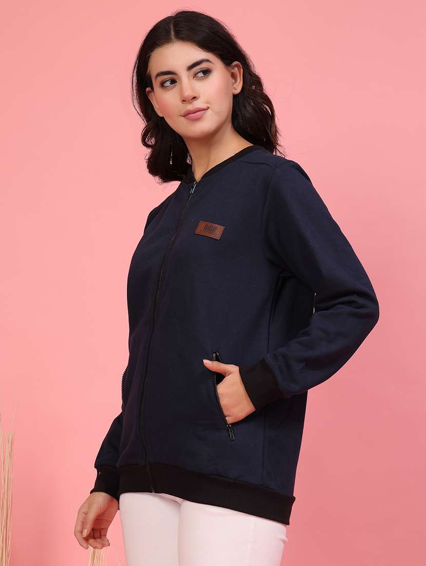 women navy blue solid long sleeve regular jacket - 21600129 -  Standard Image - 1