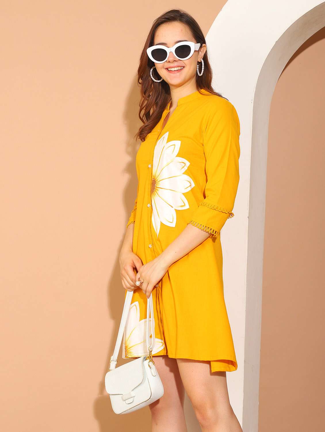 women mustard floral printed shirt dress - 21600603 -  Standard Image - 1