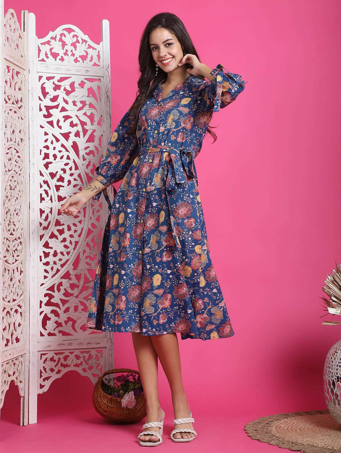 women blue floral printed fit & flare dress