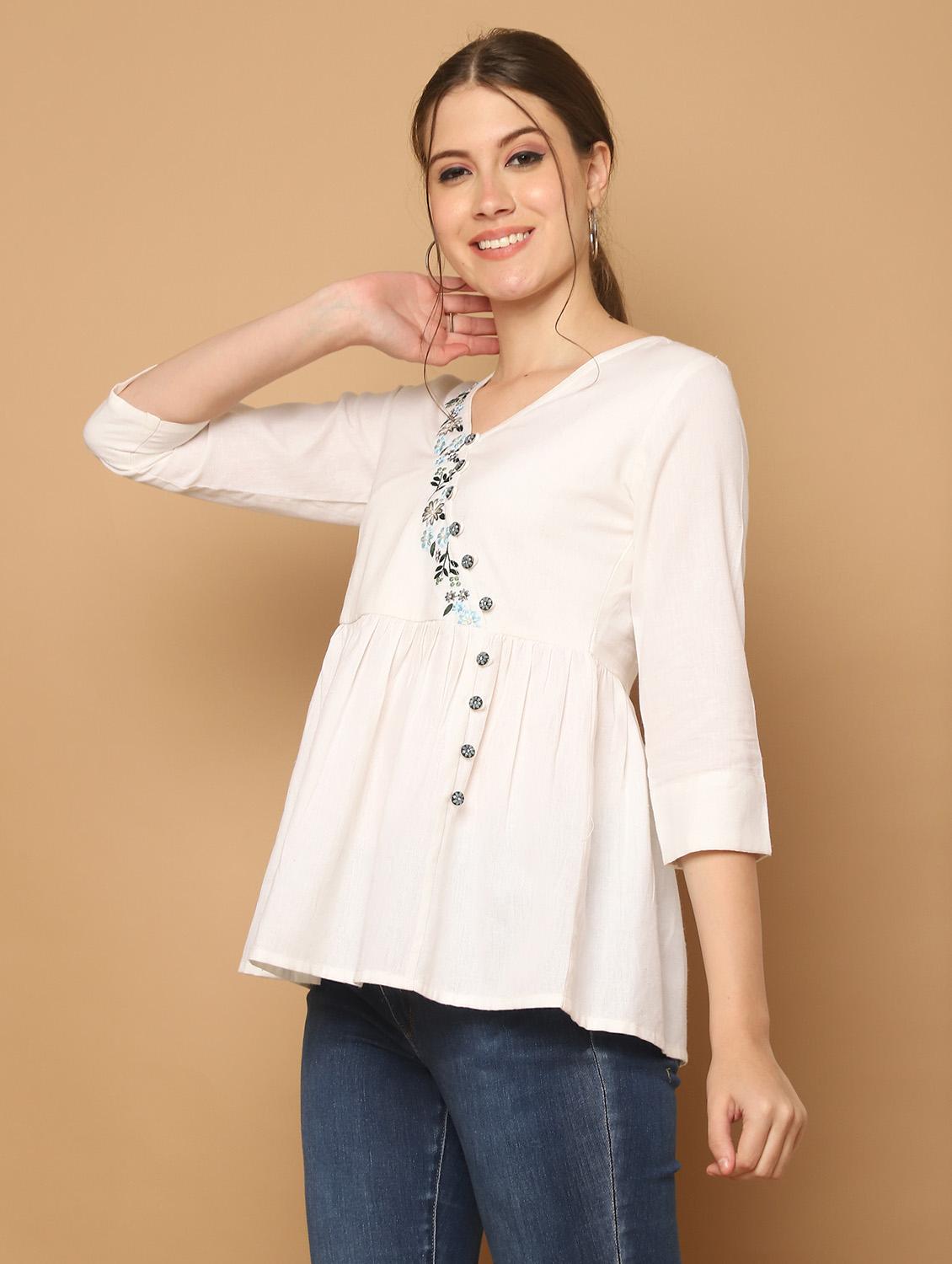 women embroidered three quarter sleeves peplum top - 21600631 -  Standard Image - 1