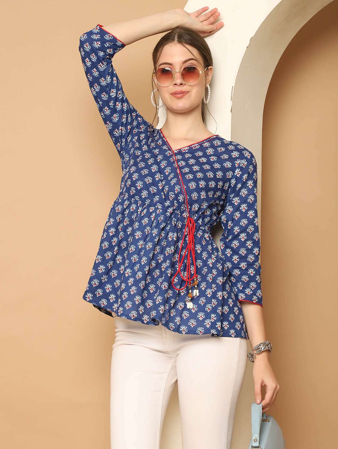 women printed three quarter sleeves peplum top - 21600632 - Zoom Image - 0