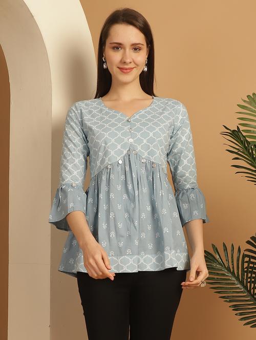 women printed bell sleeves peplum top - 21600638 - Standard Image - 0
