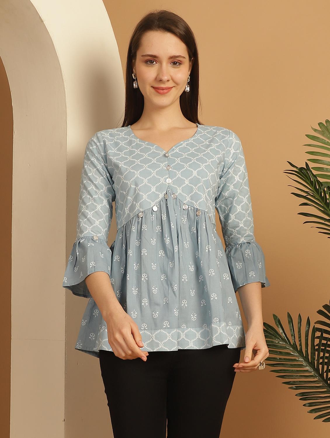 women printed bell sleeves peplum top - 21600638 - Zoom Image - 0