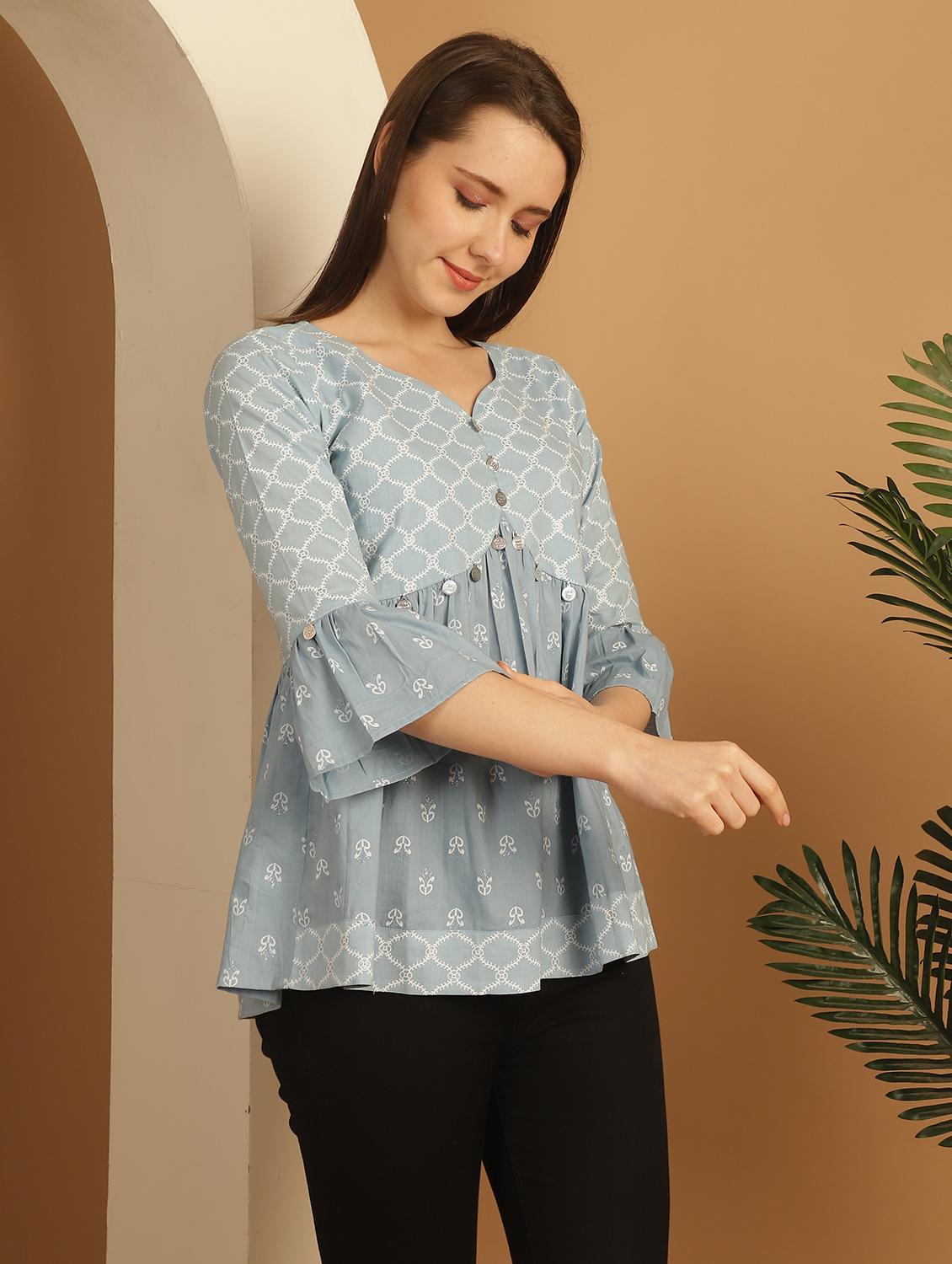 women printed bell sleeves peplum top - 21600638 -  Standard Image - 1