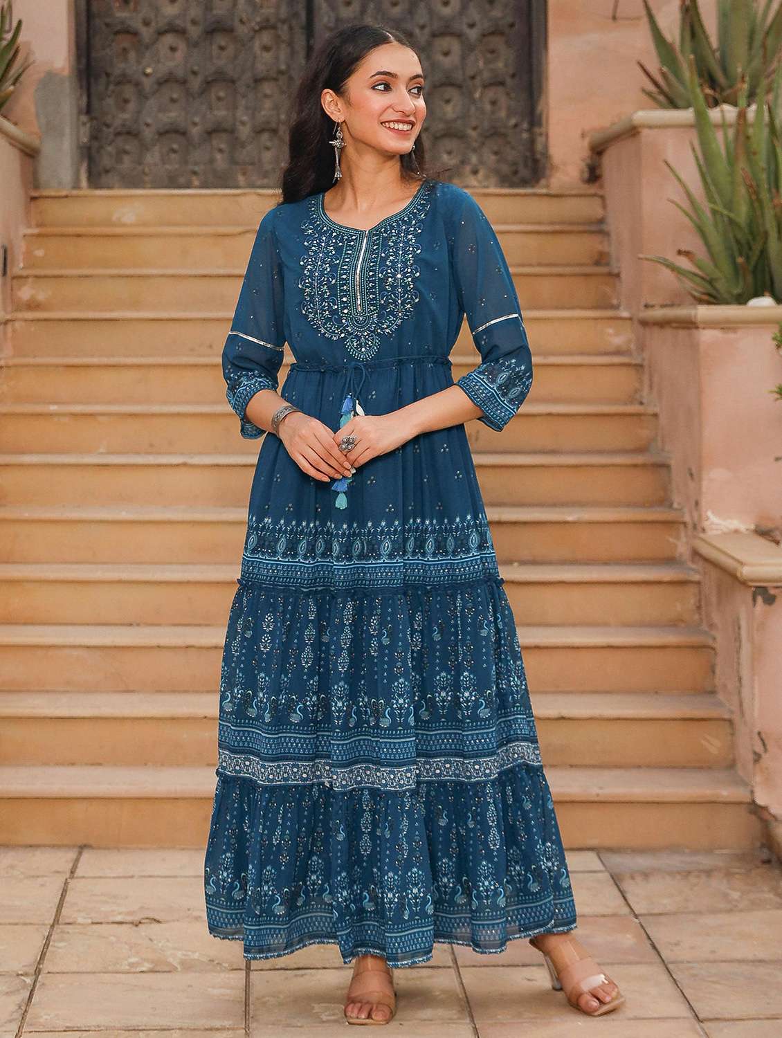 women teal embroidered tiered ethnic dress