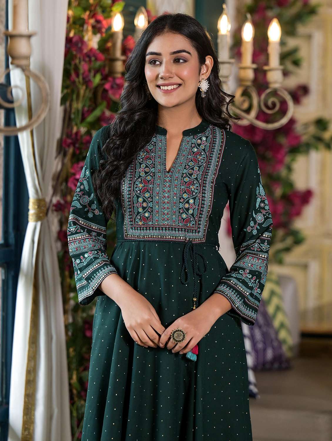 women green printed flared ethnic dress - 21601064 -  Standard Image - 4