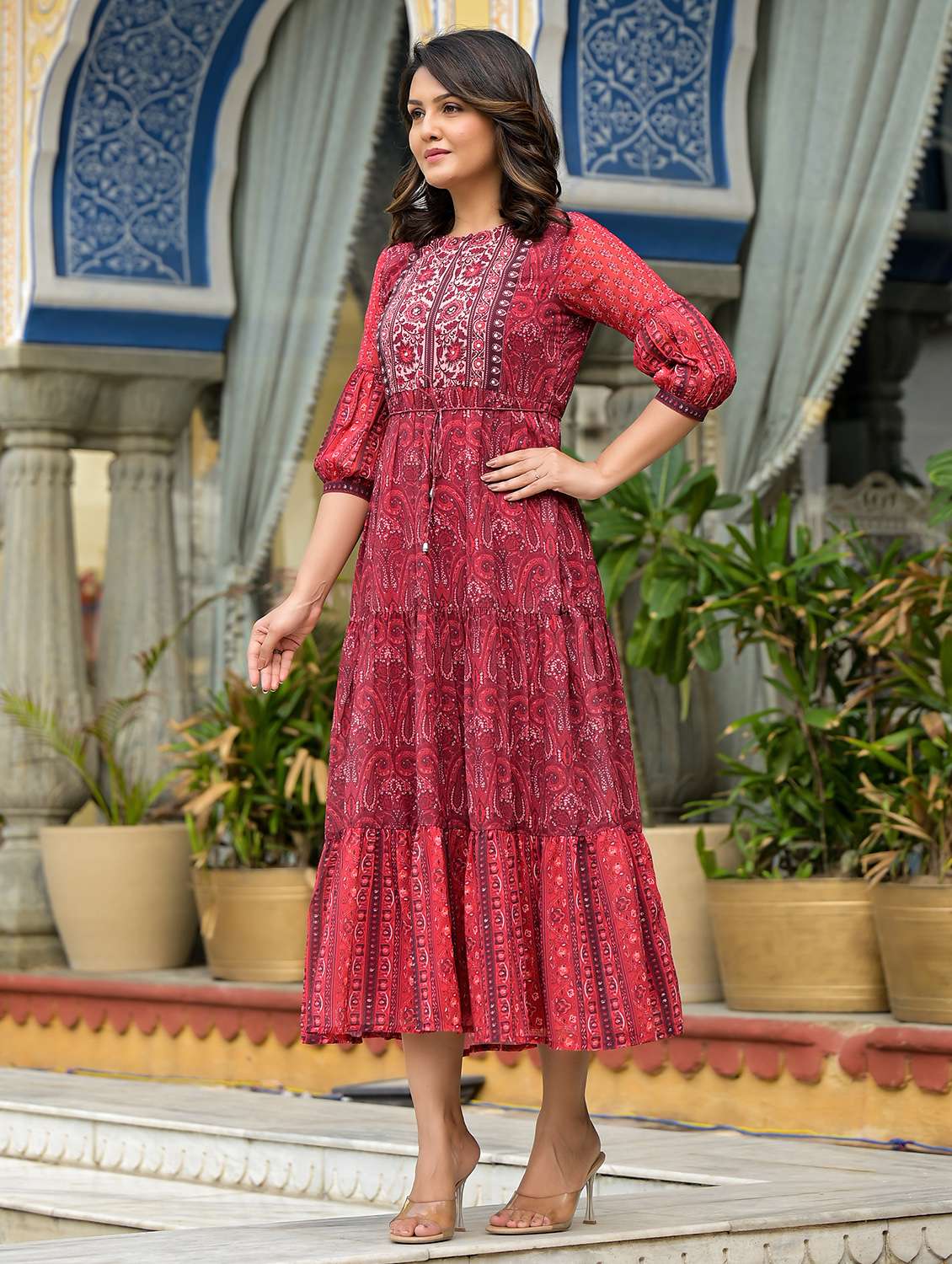 women rust printed tiered ethnic dress - 21601070 -  Standard Image - 1