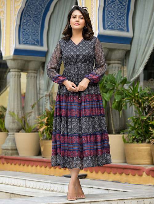 women black printed tiered ethnic dress - 21601071 - Standard Image - 0