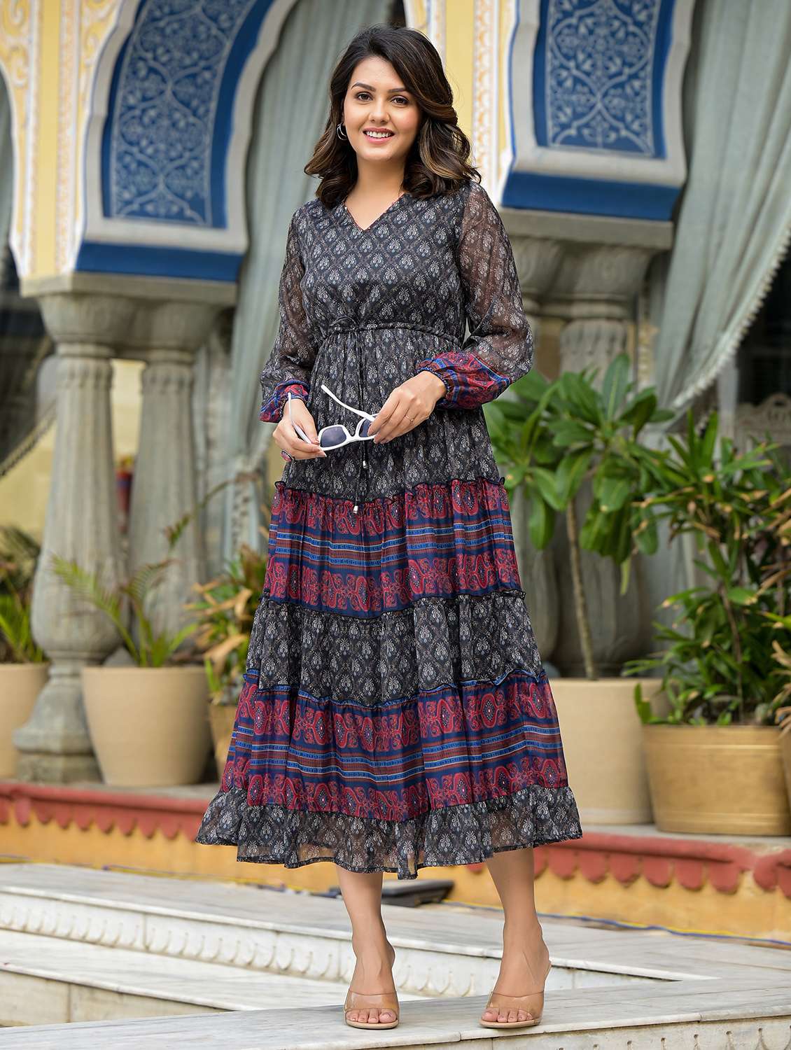 women black printed tiered ethnic dress - 21601071 -  Standard Image - 1