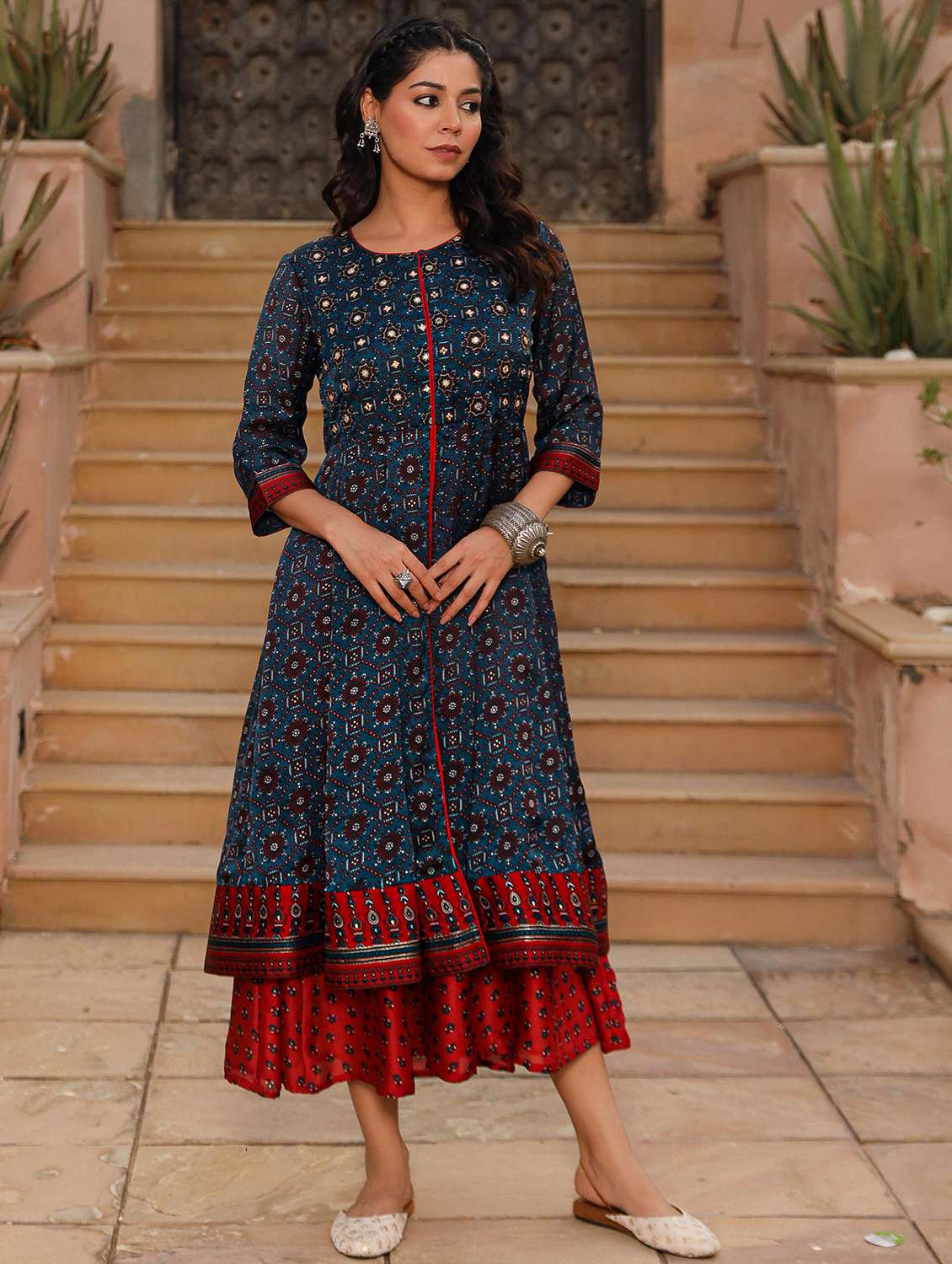 women printed round neck layered ethnic dress - 21601074 -  Standard Image - 4