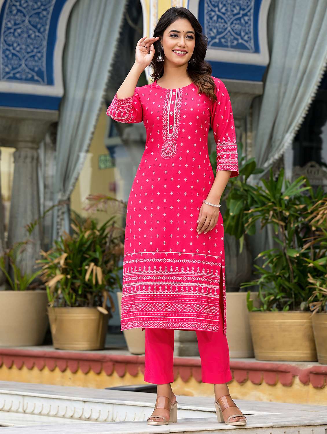 women three quarter sleeve kurta pant with dupatta set - 21606644 -  Standard Image - 1