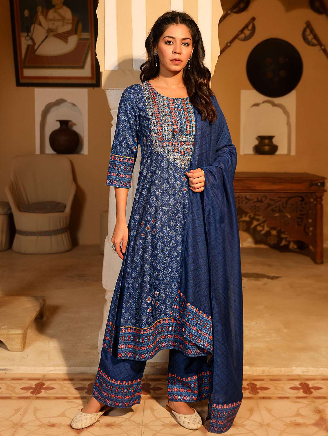 women printed detailed three quarter sleeves suit set - 21606652 -  Standard Image - 1