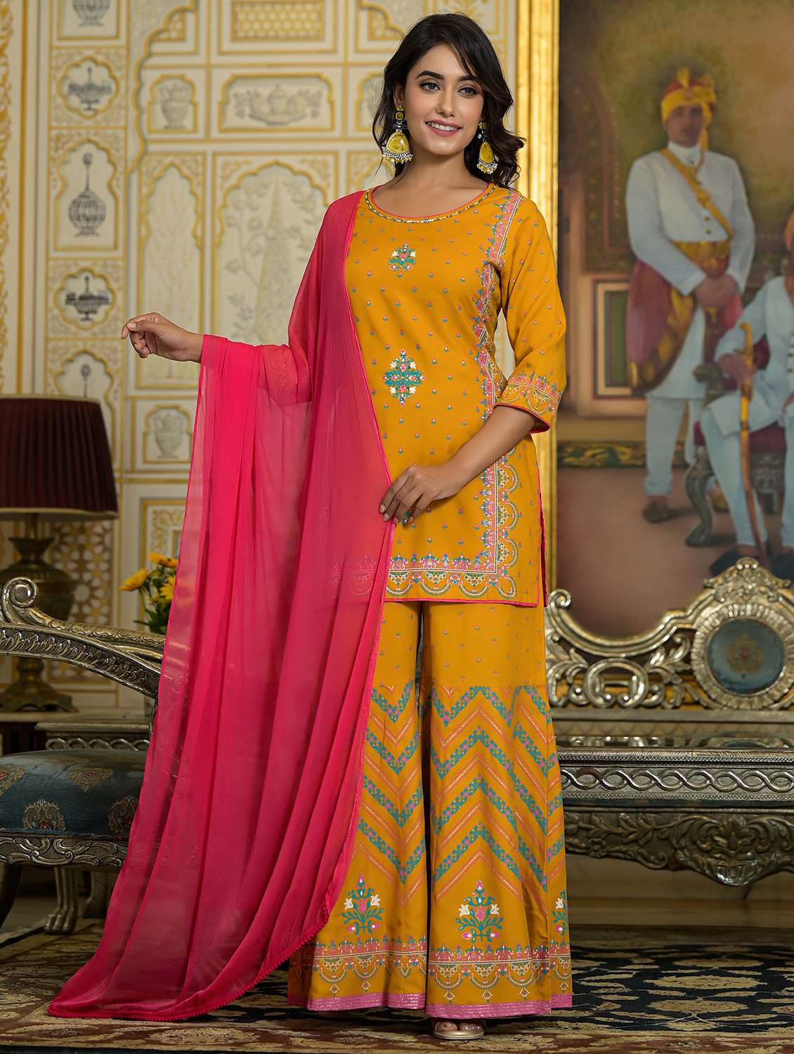 women printed three quarter sleeves suit set - 21606678 -  Standard Image - 1