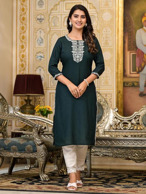 women embroidered three quarter sleeves straight kurta - 21606770 -  Standard Image - 0