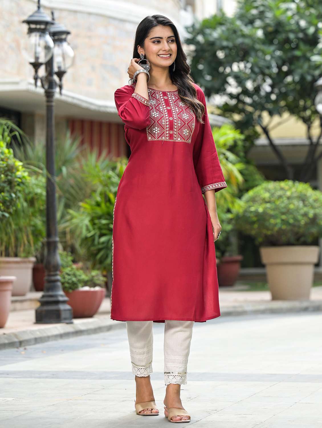 women embroidered three quarter sleeves straight kurta - 21606771 -  Standard Image - 1