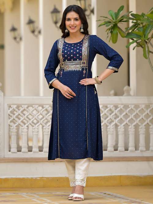 women embroidered three quarter sleeves a-line kurta - 21606775 -  Standard Image - 0