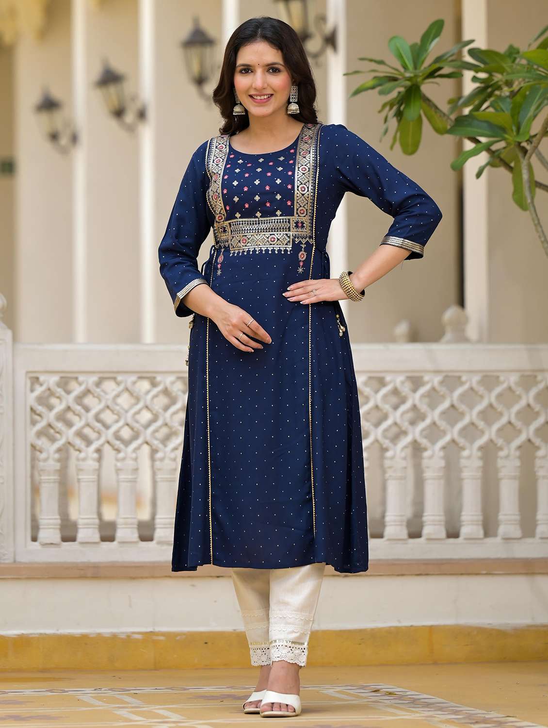 women embroidered three quarter sleeves a-line kurta
