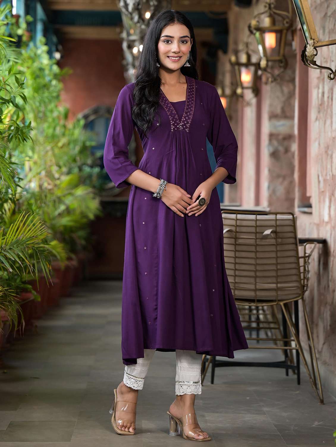women mirror work three quarter sleeves a-line kurta - 21606780 -  Standard Image - 1