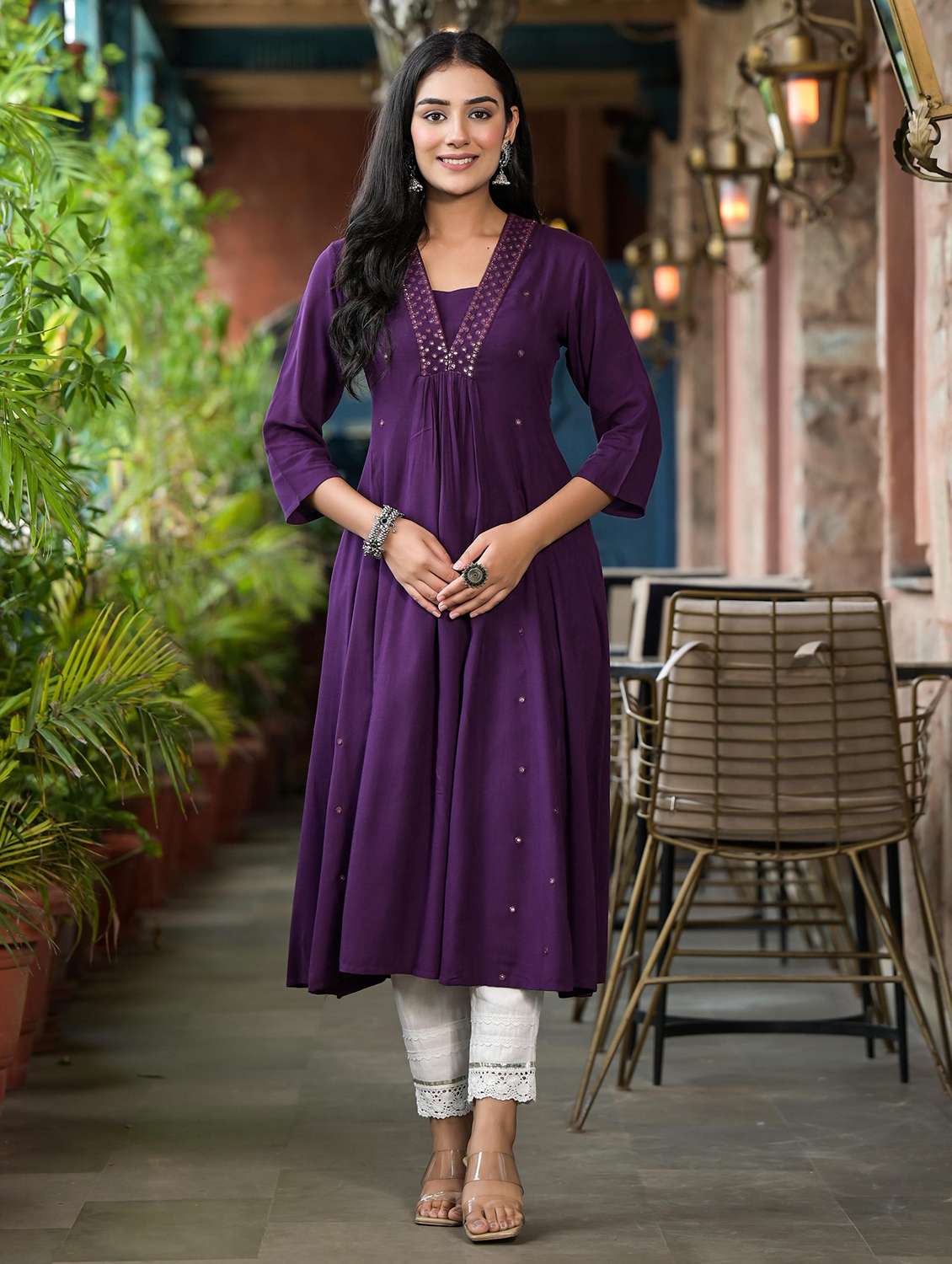 women mirror work three quarter sleeves a-line kurta - 21606780 -  Standard Image - 4