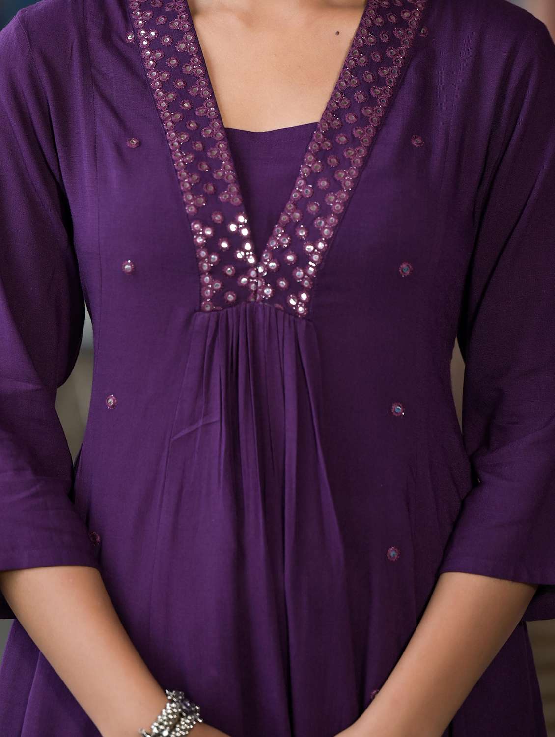 women mirror work three quarter sleeves a-line kurta - 21606780 -  Standard Image - 6