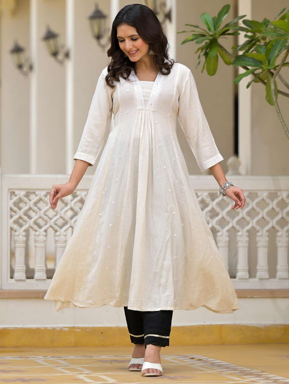 women embroidered three quarter sleeves a-line kurta - 21606781 - Standard Image - 4