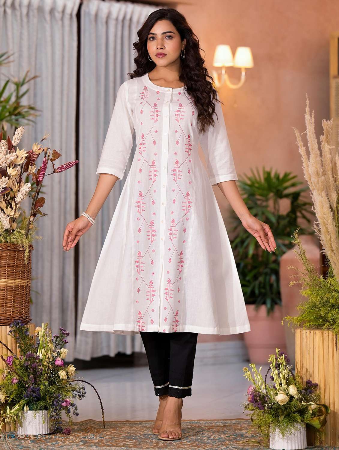 women printed three quarter sleeves a-line kurta - 21606786 -  Standard Image - 1