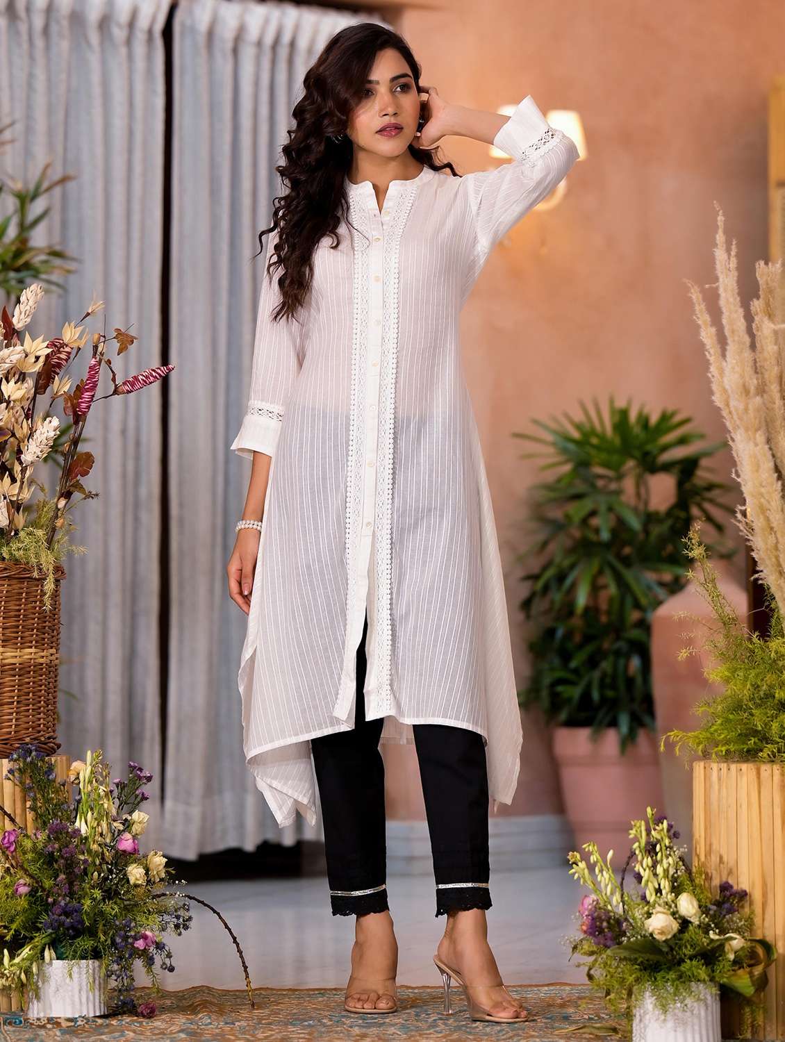 women striped three quarter sleeves asymmetric kurta - 21606788 -  Standard Image - 1