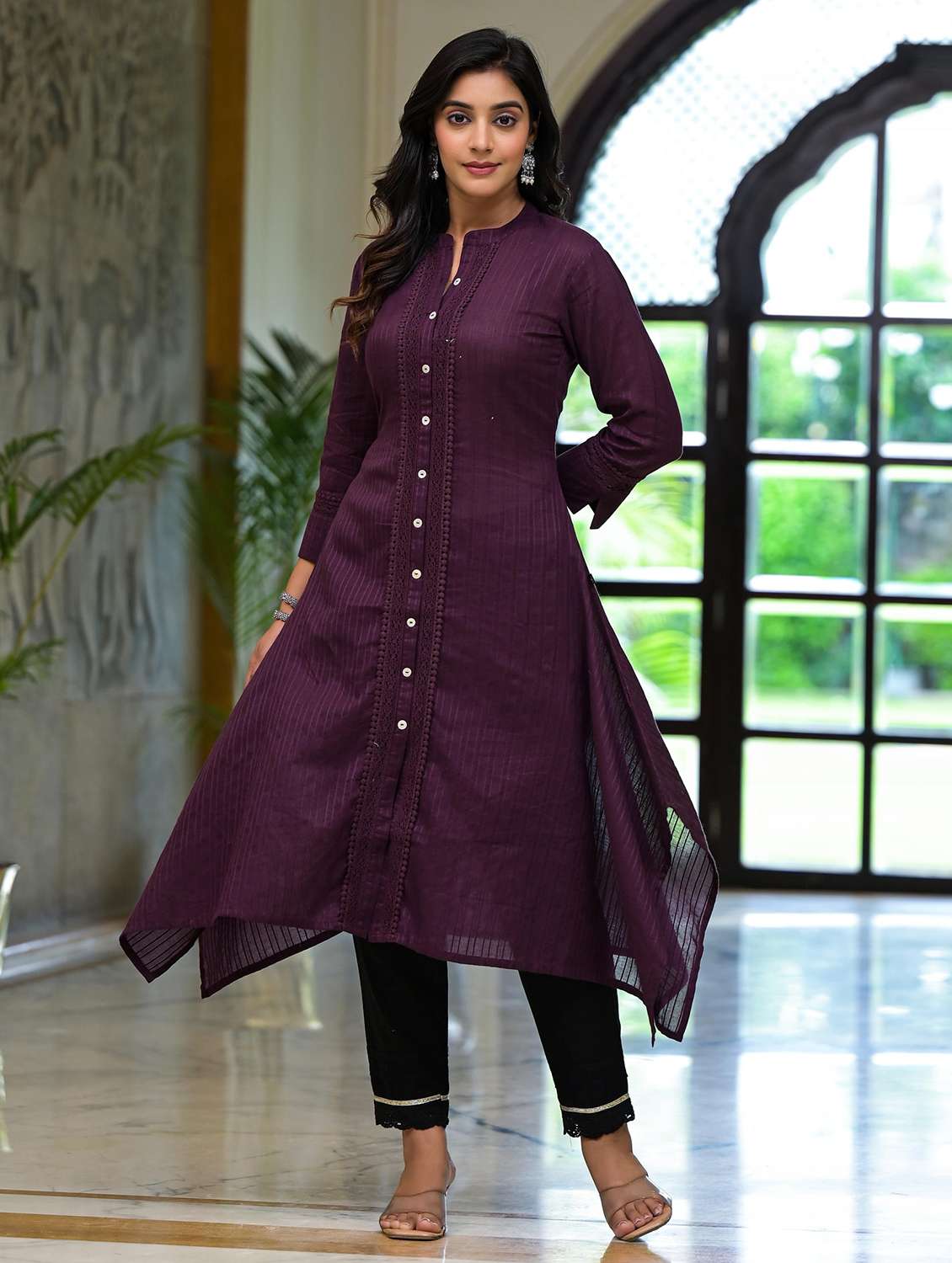 women striped three quarter sleeves asymmetric kurta - 21606789 -  Standard Image - 1