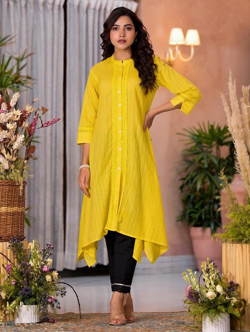 women striped three quarter sleeves asymmetric kurta - 21606791 -  Standard Image - 0