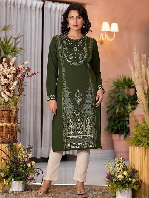 women self design long sleeves straight kurta - 21606795 -  Standard Image - 0