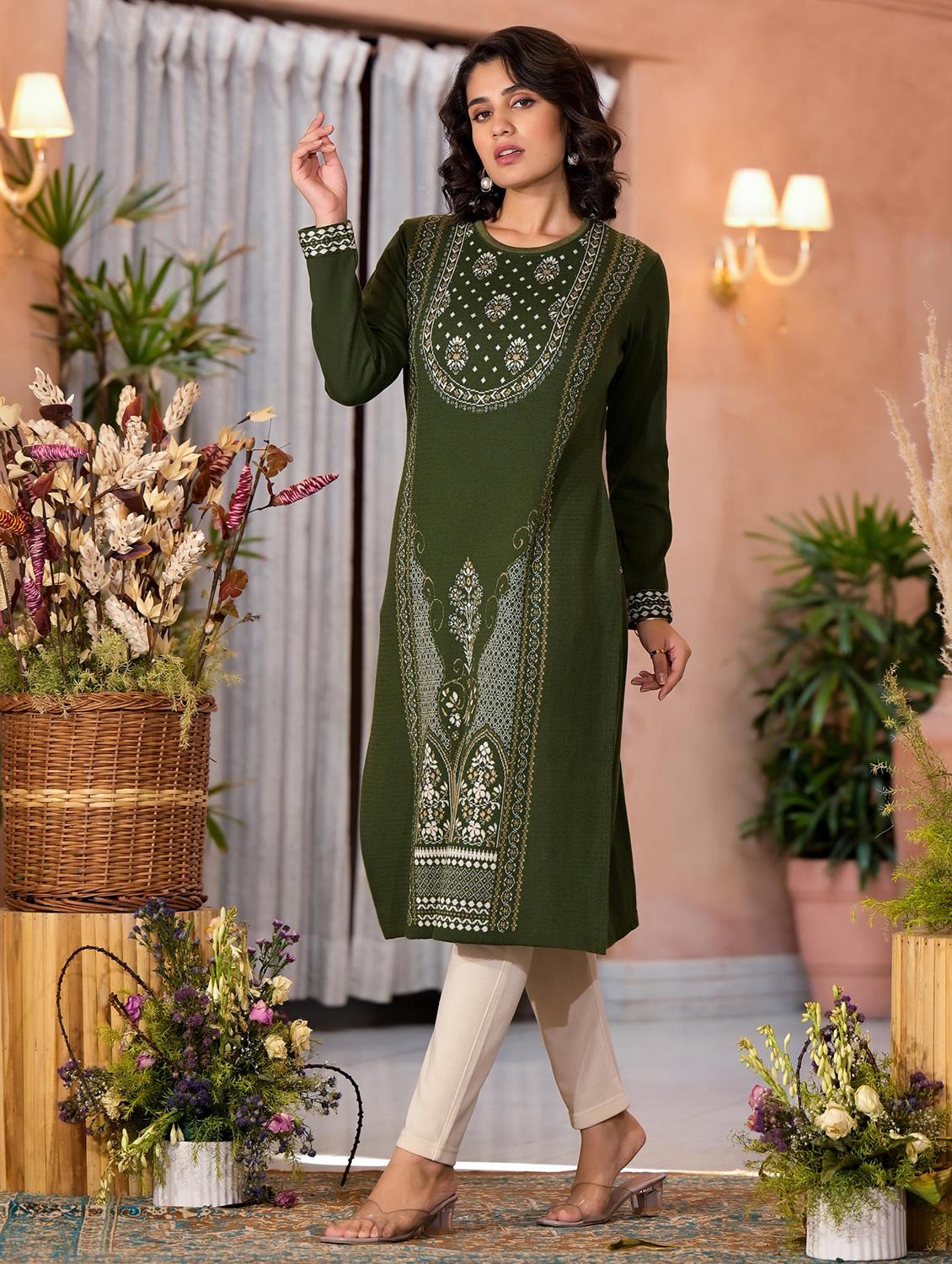 women self design long sleeves straight kurta - 21606795 -  Standard Image - 1