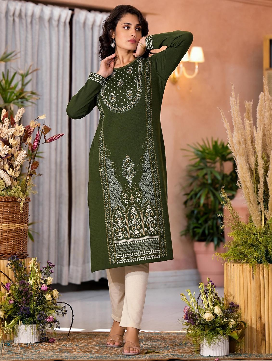 women self design long sleeves straight kurta - 21606795 - Standard Image - 4