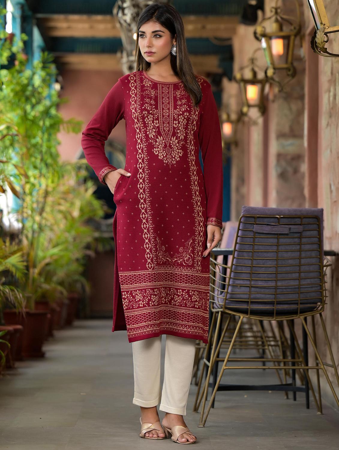 women self design long sleeves straight kurta - 21606796 - Standard Image - 4
