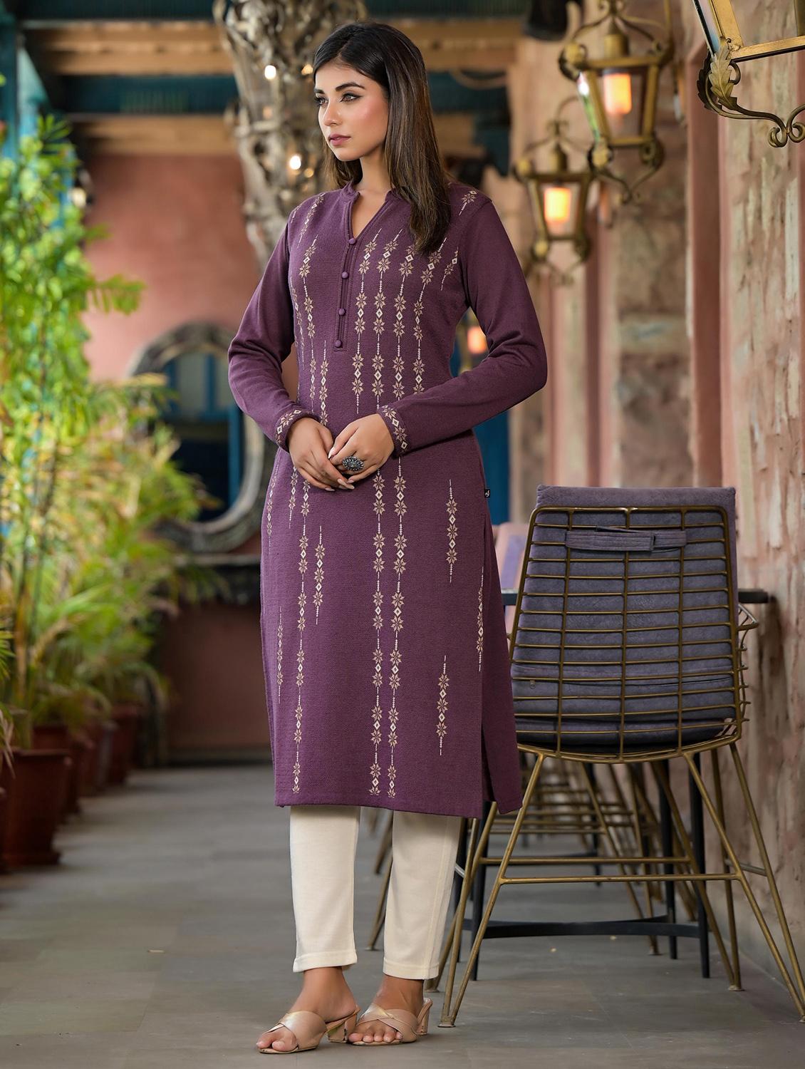 women self design long sleeves straight kurta - 21606799 - Standard Image - 1