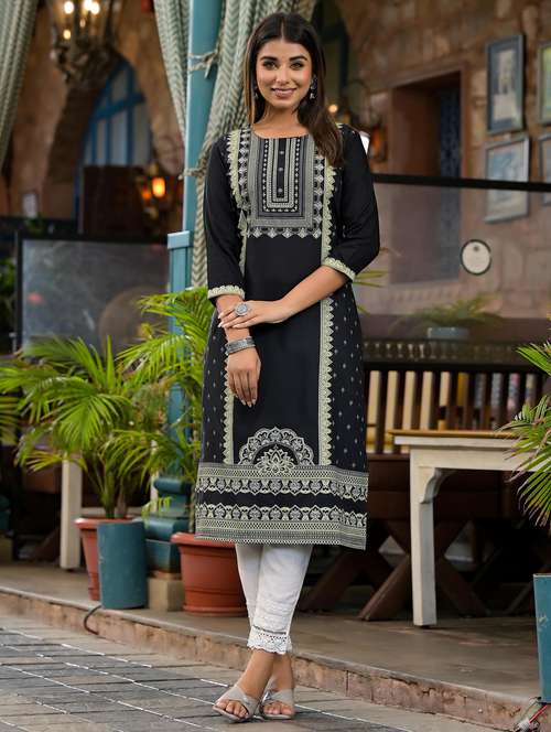 women printed three quarter sleeves straight kurta - 21606804 - Standard Image - 0