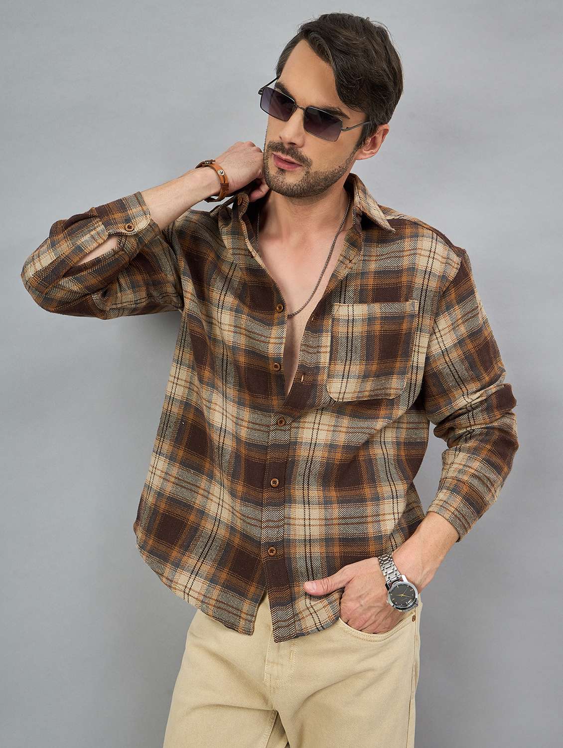 men checkered long sleeves ocersized casual shirt