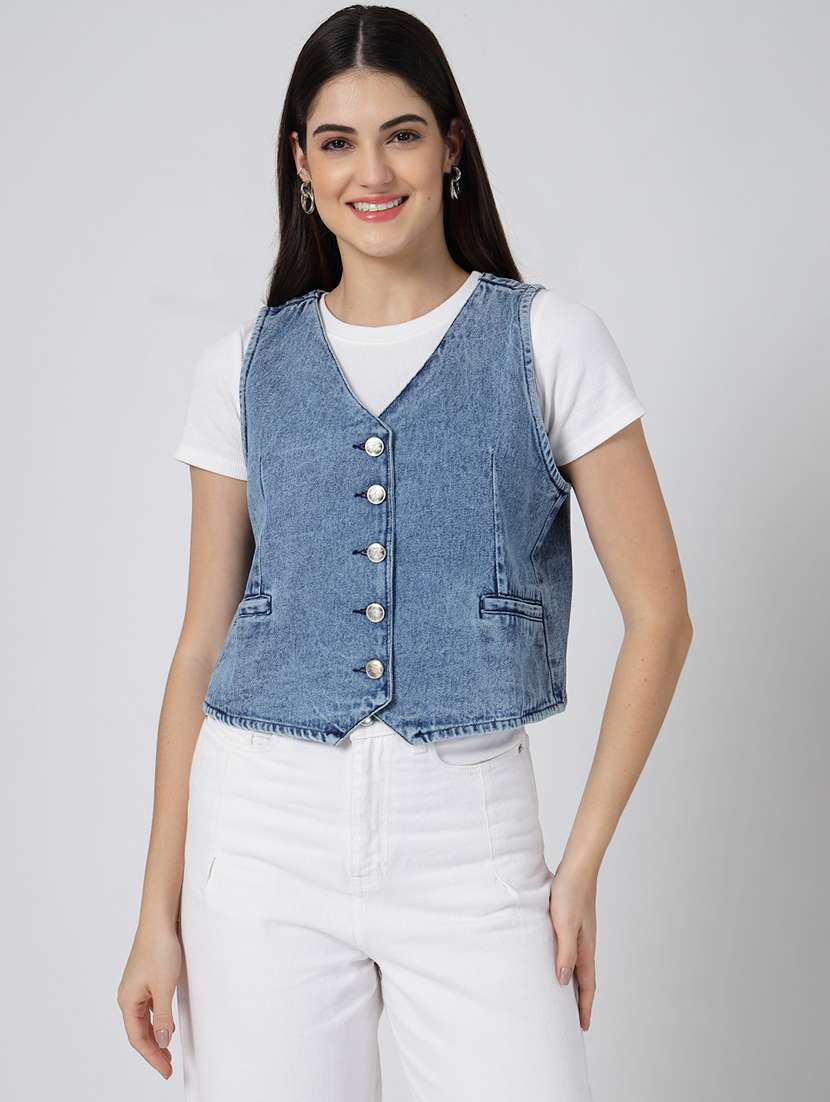 women blue solid sleeveless denim jacket