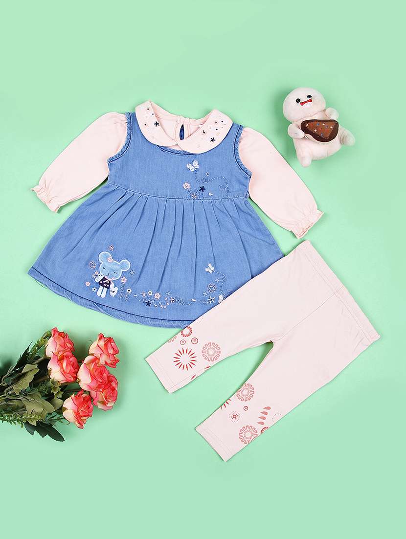 girls embroidered dungarees twin set