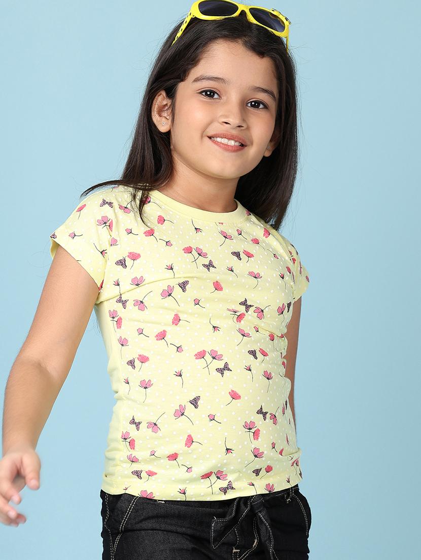 girls yellow foral printed round neck tee - 21607046 -  Standard Image - 1